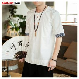Men's T Shirts Sinicism Store 2023 Men Solid O-Neck TShirts 5XL Summer Tees Loose Linen Male Vintage Chinese Style Oversize Tops