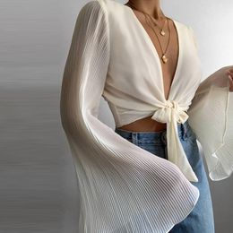 Womens Blouses Shirts Blouse For Women Plus Size Solid Bell Sleeve Pleated Chiffon Shirt Strap Cardigan Tops Summer Blusas 230519