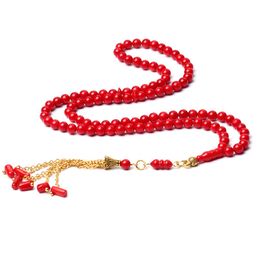 Clothing Islamic Prayer Beads Muslim Tespih Silver Tasbih Natural Red Coral Stone Rosary Sibha Round 5mm 99 beads