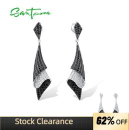 Stud SANTUZZA Silver Earrings For Woman Genuine 925 Sterling Silver Folded Black Spinel White Cubic Zirconia Classical Fine Jewellery