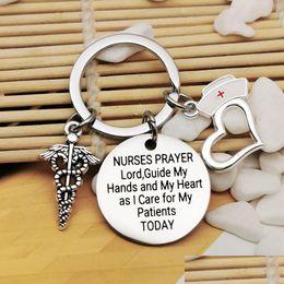 Key Rings Ring Heart Charm Pendant Nurse Keychain Medical Logo Cap Engrave Words Nurses Prayer Lord Stainless Steel Gifts Drop Deliv Dhkmi