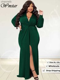 Casual Dresses Wmstar Plus Size Party Dresses for Women V Neck Long Sleeve Slip Hem Bodycon Stretch Elegant Maxi Dress Wholesale Dropshipping L230520