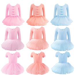 Dancewear Girls Ballet Dance Tutu Dress Kids Children High Quality Short /Long Sleeves Tulle V Back Bowknot Gymnastics Leotard Dance Wear 230520