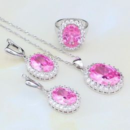 Sets 925 Silver Jewelry Lovely Pink Rhinestone White Cubic Zirconia Jewelry Sets For Women Wedding Earring/Pendant/Necklace/Ring