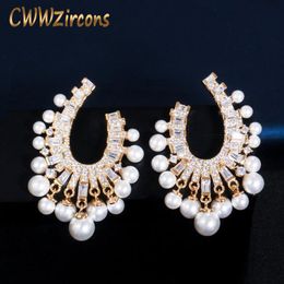 Knot CWWZircons 585 Gold Colour Big Dangling Drop Pearl Cubic Zirconia Earrings for Women Fashion Engagement Party Jewellery Gift CZ693