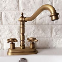 Bathroom Sink Faucets Antique Brass 2 Hole Deck Mounted Dual Handle Faucet Swivel Spout Washbasin Mixer Vessel Taps Lan066