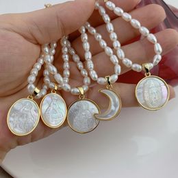 Necklaces Freshwater Pearl Beaded Chokers Necklaces For Women 2021 Natural MOP Shell Holy Virgin Mary Guadalupe Religious Medal Pendant