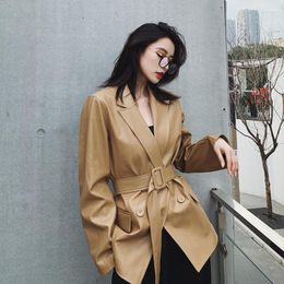 Women's Leather Woman PU Jacket Solid With Sashes Long Sleeve Notched Casual 2023 Spring And Autumn Korean Loose Tie Coat