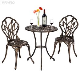 Estilo europeu de alumínio fundido de alumínio fundido 3 peças Tulip Bistro Conjunto de mesa de mesa de bronze e cadeiras de bronze conjuntos de móveis