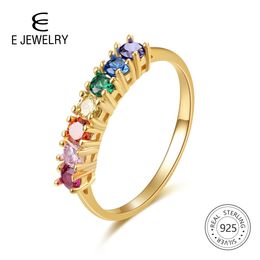 Rings E Real Sterling Silver 925 Rainbow Ring Women's Color Cubic Zirconia Rings 14K Gold plated Eternity Wedding Rings Jewelry