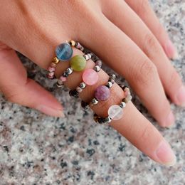 Cluster Rings Bohemian Natural Stone For Women Section Rhodochrosite Stainless Steel Bead Ring Elastic Rope Wedding Party Gift Wholesale