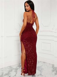 Casual Dresses IDress Women's Formal Sequin Halter Split Bodycon Evening Cocktail Long Dress Sexy Robe Femme Backless Birthday Party
