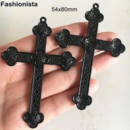 Other 15 pcs Large Cross Jewelry Pendant 54x80mm Black Color Exquisite Flower Pattern Decor Cross Big Charms For DIY Necklace B