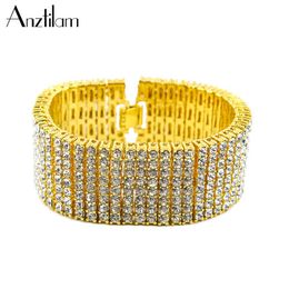 Bracelets 30mm HIP HOP Personality Micro Paved 8 Rows Rhinestone Bracelets Gold Silver Colour Wide Ice Out Hand Chain for Men Rapper