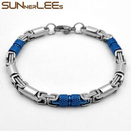 Bracelets SUNNERLEES 316L Stainless Steel Bracelet 6mm Geometric Byzantine Link Chain Blue Silver Colour Men Women Jewellery Gift SC42 B