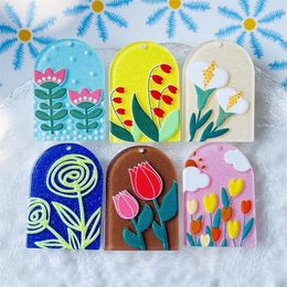 Crystal Summer style 50pcs/lot cartoon flowers pattern print geoemtry arched shape acrylic beads diy jewelry earring/garment accessory