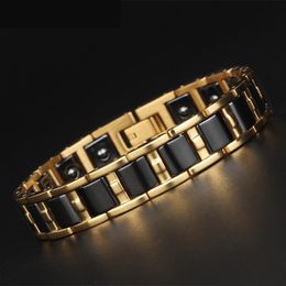 Bracelets Healthy Balance Magnetic Man Bracelet Shiny Gold Colour Stainless Steel Bracelets For Women Black/White Ceramic Armband Jewellery