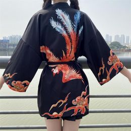 Ethnic Clothing Phoenix Print Cosplay Japanese Kimono Cardigan Coat Beach Tops Summer Women Shirt Samurai Yukata Haori Obi Belt