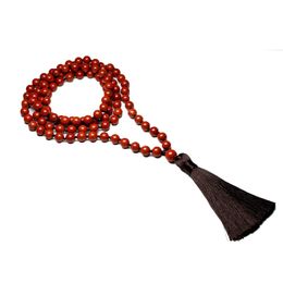 Necklaces 108 Natural Stone Red Jasper Japamala Necklace Mala Knotted For Women Men Meditation Yoga Beads Rosary Tassel Jewerly