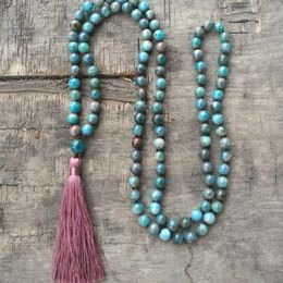 Necklaces EDOTHALIA New 8MM Beads Mala Necklace For Women Natural Apatite Stone Handmade Knotted Jewellery