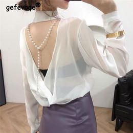 Womens Blouses Shirts Korean Fashion Chiffon Turn Down Collar Black White Sunscreen Blouse Women Sexy Backless See Through with Beads Button Up 230519