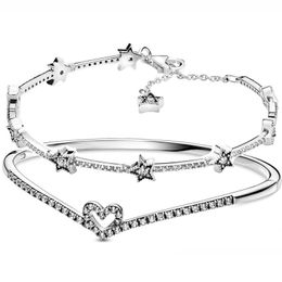 Bangle Sparkling Heart bone Celestial Stars With Crystal 925 Sterling Silver Bracelet Fit Europe Bangle Bead Charm Diy Jewelry