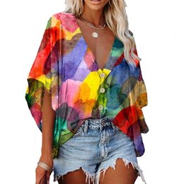 Womens Blouses Shirts Fashion Women Shirt Digital Print Batwing Sleeve Summer V Neck Singlebreasted Blouse Top Streetwear Plus Size 230519