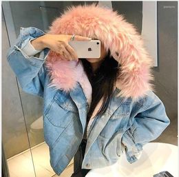 Women's Jackets Winter Fur Hooded Denim Jacket Women Thick Lamb Wool Outwear Warm Parka Female Jean Coat Chaquetas Mujer