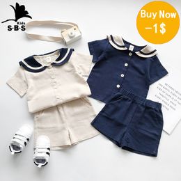 Clothing Sets Japanese and Korean Bear Mood Navy Style Kids Sailor Collar Cotton Linen T Shirt Pants 2pcs Summer Clothes Set Boys Girls Suit 230519