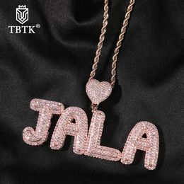 Necklaces TBTK Custom Initial Bubble Letter Number With Heart Iced Out Cubic Zirconia Name Plate Pendant Necklace Charm Hiphop Jewelry
