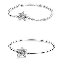 Bangles Authentic 925 Sterling Silver Moments Asymmetric Star Clasp Snake Chain Bracelet Bangle Fit Bead Charm Diy Fashion Jewellery