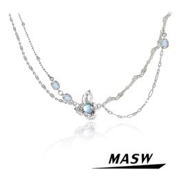 Necklaces MASW Fashion Jewelry High Quality Brass Chain Necklace Original Design Thick Silver Plated Blue Bead Pendant Necklace For Women