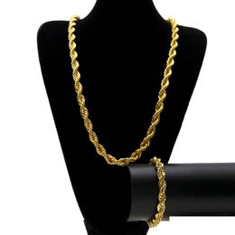 Bracelet Necklace 2Pcs/Set Mens 14K Gold Sier Twist Cuban Link Chains Necklaces And Hip Hop Fashion Jewelry Bracelets Drop Delivery Dhkqi