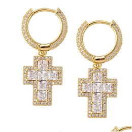 Stud Cubic Zirconia Hiphop Cross Earrings For Mens New Fashion Gold Plated Jewellery Women Key Dangle Iced Out Diamond Earings Rings D Dhydm