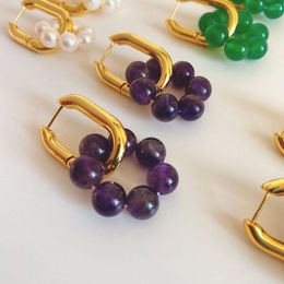 Dangle Earrings Gold Colour U-shaped Stud Natural Amethyst Pearl Green Chalcedony Lapis Lazuli Bead Pinna Minimalist Jewellery