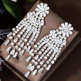 Knot HIBRIDE Tassel Flower Drop White Cubic Zirconia Stone Large Women Party Costume Wedding Earrings Jewellery For Brides E479