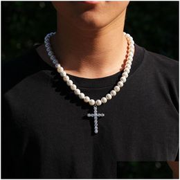 Beaded Necklaces 8mm 10mm Fashion Mens Necklace New Hip Hop Jewelry Iced Out Cross Pendant Drop Delivery Pendants Dhxbq