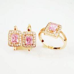 Necklace Earrings Set Korean Square Stone Earring Jewellery Rose 585 Gold Colour Women Trendy Pink Cubic Zircon Ring