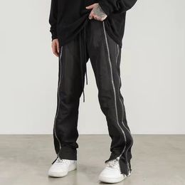 Men's Pants Harajuku Both Side Double Zipper Pockets Vibe Style Mens Track Pants High Street Straight Oversized Drawstring Casual Trousers 230519