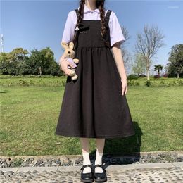 Casual Dresses College Style Harajuku Women Black Midi Dress Cute Japanese Student Suspender Loose Vintage Sweet Girl Embroidered