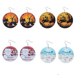 Dangle Chandelier Christmas Halloween Wooden Metal Earrings For Women Girls Round Pumpkin Spider Skls Snowman Print Drop Earring J Dhvkb