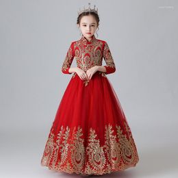 Girl Dresses High Neck Full Sleeve Zipper Back Floor-Length Embroidery Ball Gown Kids Party Communion For Weddings A2292