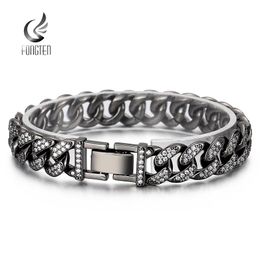 Bangle Fongten Gothic Men Cuabn Chain Bracelets Black Gold Silver Color Stainless Steel Rhinestone Bracelets For Men Luxurious Jewelry