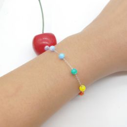 Bangle 1pc Fashion opal Rainbow 7 colors 4mm Opal Bead Bracelet opal round ball/beads bracelet with 925 silver O chain/Box chain