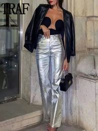 Women s Two Piece Pants TRAF Faux Leather Women Silver High Waist for Shiny Straight Trousers Streetwear Y2K Winter Woman 230520