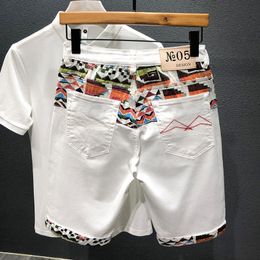 Men's Shorts Summer Denim Shorts Men's Stitching Embroidery Ripped Kneelength Shorts White Black Retro Blue Fashion High Quality Jeans 230519