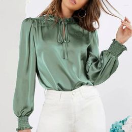 Women's Blouses Elegant Satin Women Blouse Solid Office Lady Lace-up Long Sleeve Silk Shirts Autumn Ruffled Neck Green Tops Blusas 23346