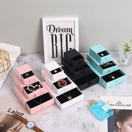 Boxes 12pcs/lot Cardboard Sliding Drawer Storage Ring Necklace Jewellery Gift Packaging Box With Ribbon Rope Black Kraft Cotton Filled