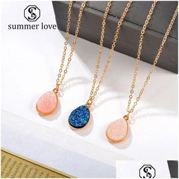 Pendant Necklaces New Arrival Waterdrop Resin Druzy Necklace For Women White Pink Blue Geometry Gold Plating Chain Fashion Jewellery D Dh6Al