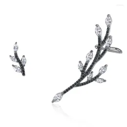 Stud Earrings Black Zircon Stone Branches Shape Asymmetrical Ear Cuff Earring For Women 925 Silver Plated Climber Clip Jewelry